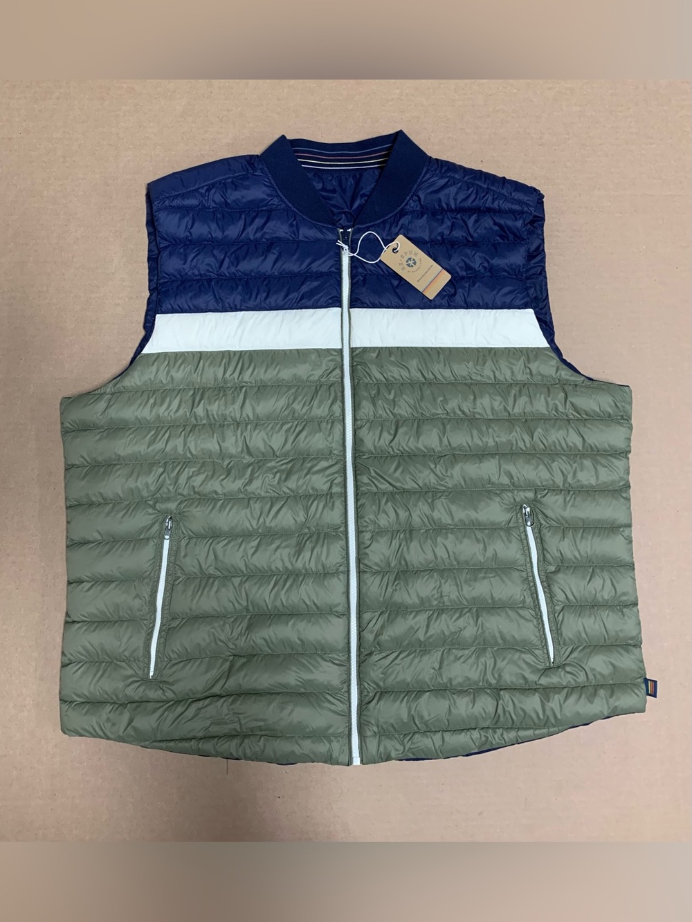 Marine Layer Vail Reversible Down Puffer Vest Navy Ivory Olive   Men's Sz XXL